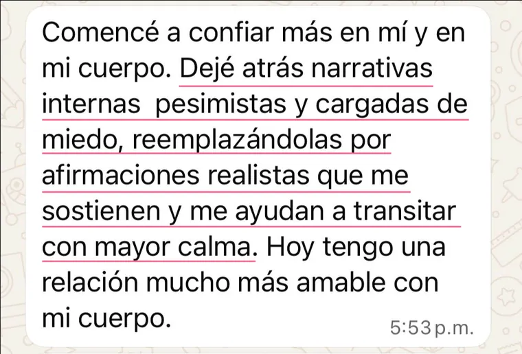 Testimonio de alumna por WhatsApp