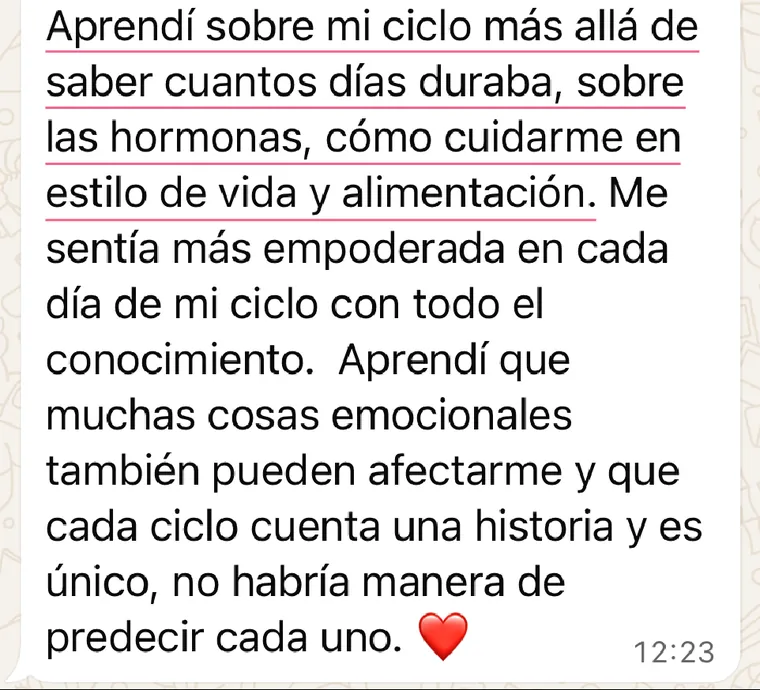 Testimonio de alumna por WhatsApp